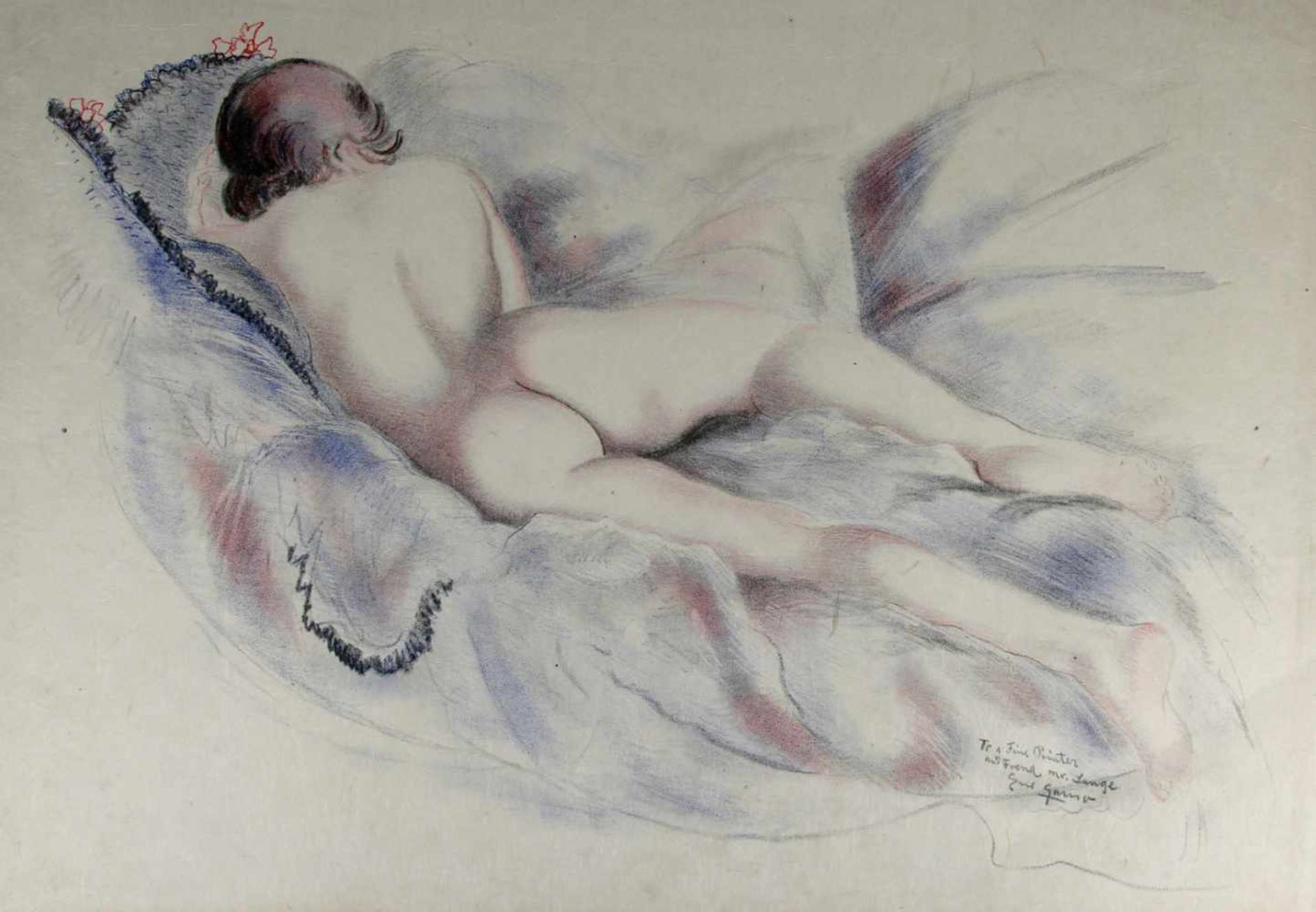 Gruner, Erich. (1881-1966): Liegender weiblicher Rückenakt. Farbige Zeichnung. Signiert und