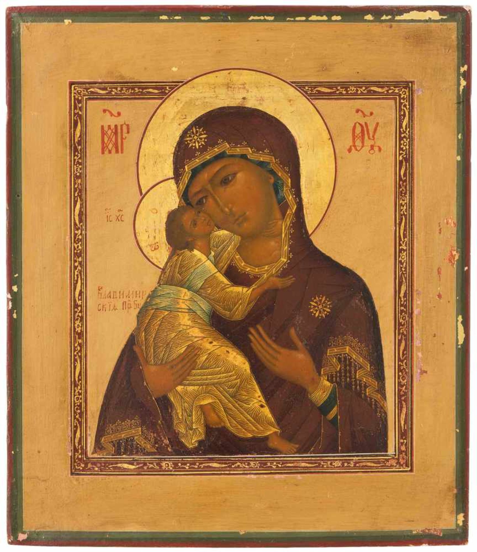 Gottesmutter von WladimirRussisch, 19.Jh. Tempera über Kreidegrund auf Holz. Im leicht vertieften