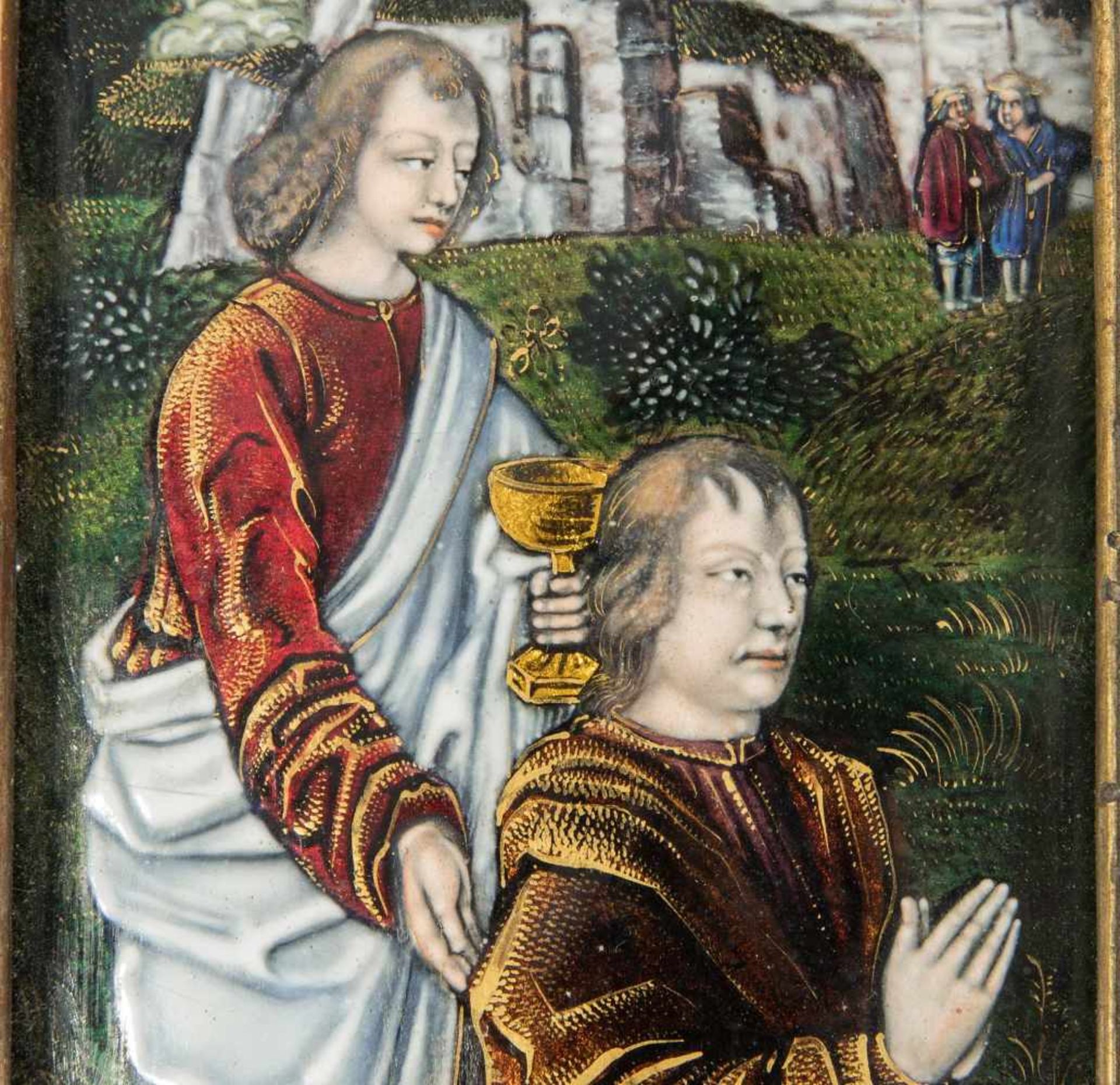 Triptychon "Taufe Christi"Frankreich, 19.Jh., in der Art von Limoges des 16./17.Jhs. Farbiges - Bild 12 aus 12