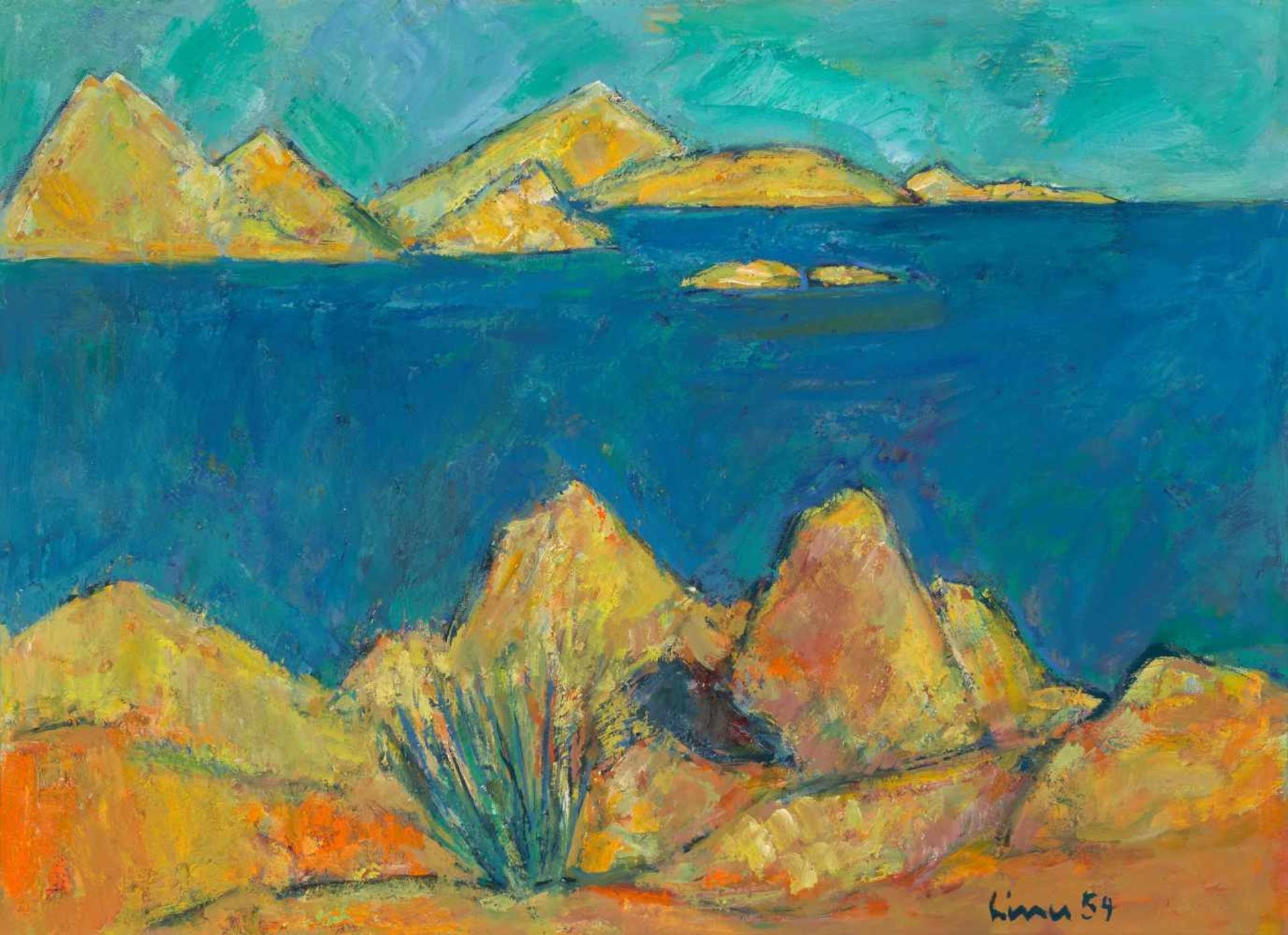 Liner, Carl Walter(St. Gallen 1914–1997 Appenzell)Korsische Küstenlandschaft, 1954 Öl auf