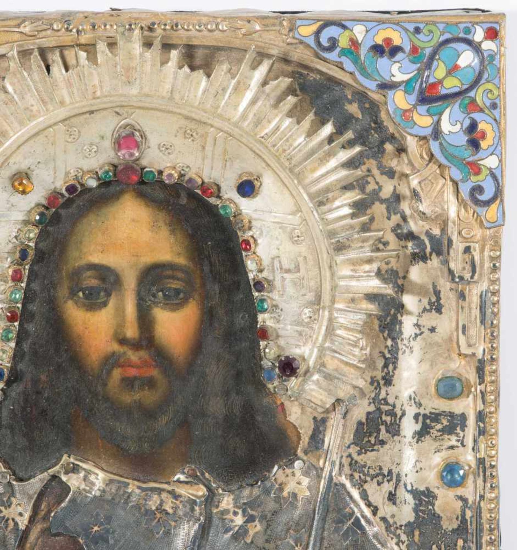 Christus Pantokrator mit vergoldetem SilberokladRussisch, 1.Hälfte 19.Jh., Oklad wohl assortiert. ( - Bild 4 aus 8