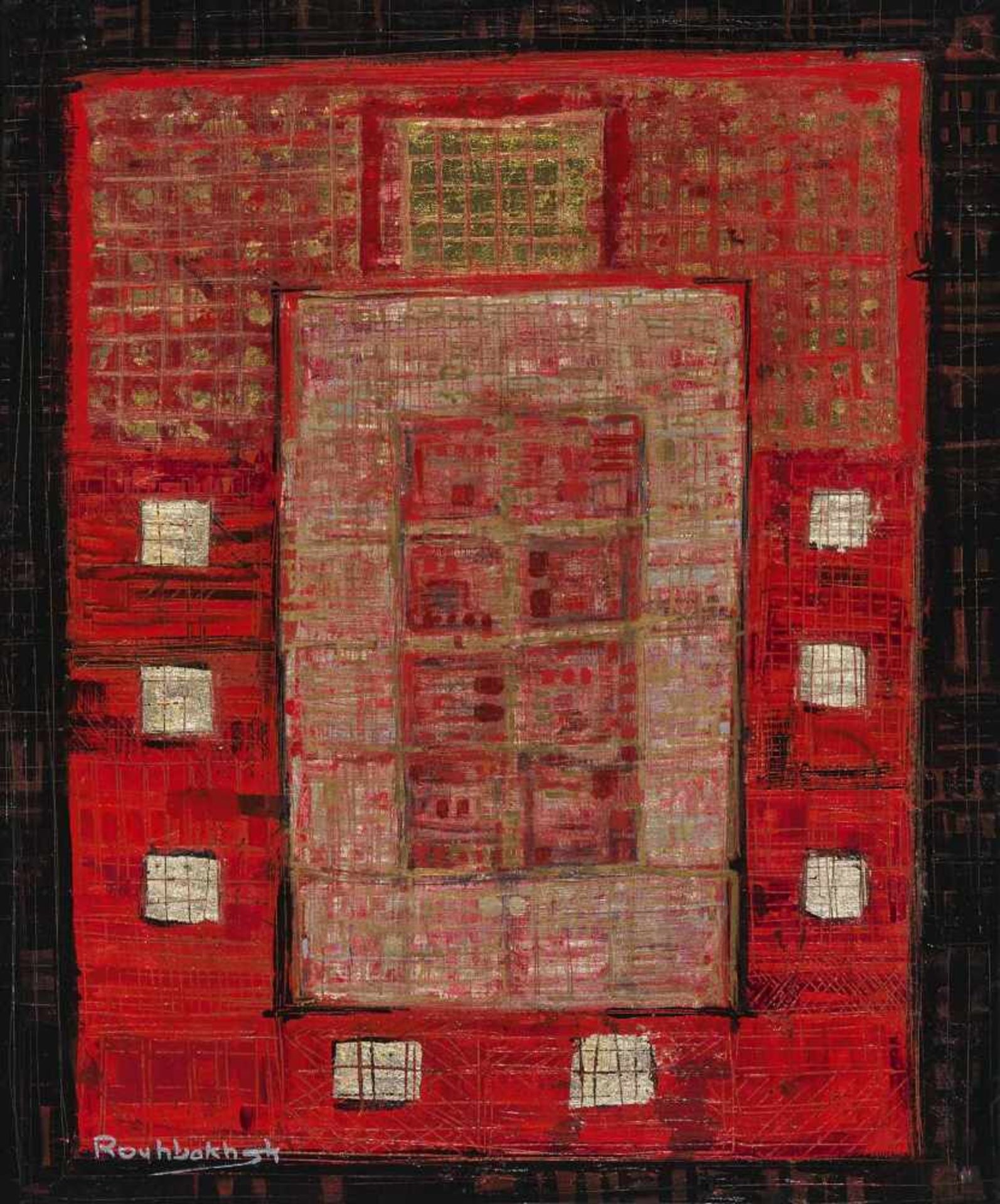 Rouhbakhsh, Jafar (Mashhad, Iran 1940–1996)Komposition in Rot. Mischtechnik auf Leinwand. Unten