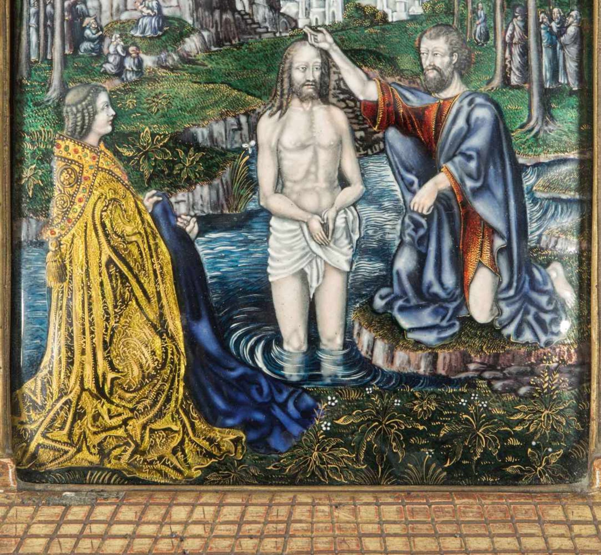 Triptychon "Taufe Christi"Frankreich, 19.Jh., in der Art von Limoges des 16./17.Jhs. Farbiges - Bild 5 aus 12