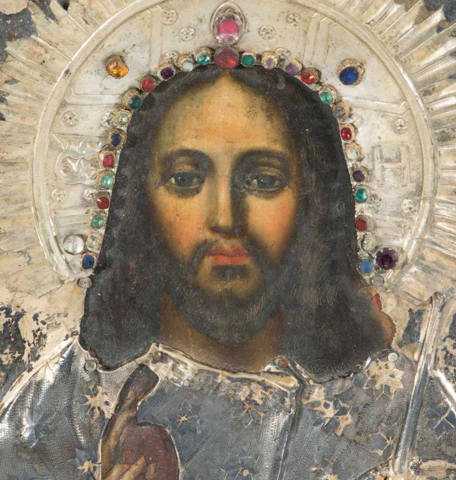 Christus Pantokrator mit vergoldetem SilberokladRussisch, 1.Hälfte 19.Jh., Oklad wohl assortiert. ( - Bild 8 aus 8
