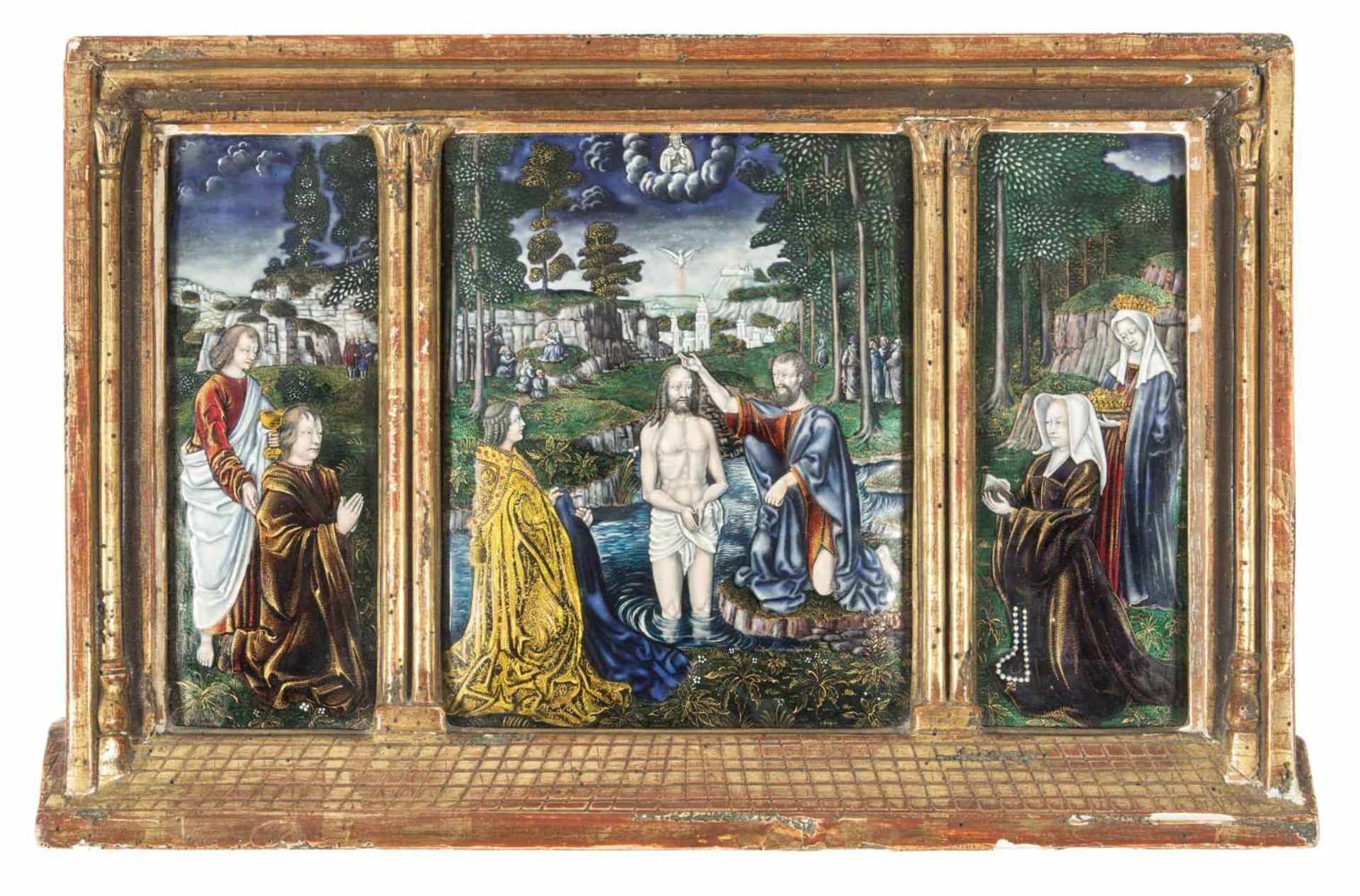 Triptychon "Taufe Christi"Frankreich, 19.Jh., in der Art von Limoges des 16./17.Jhs. Farbiges