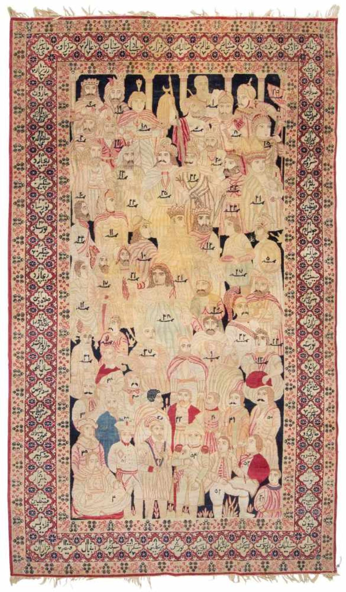 Kirman-FiguralSO-Persien, um 1900. Sog. „Mashahir-Teppich“. Das Innenfeld besteht aus einer