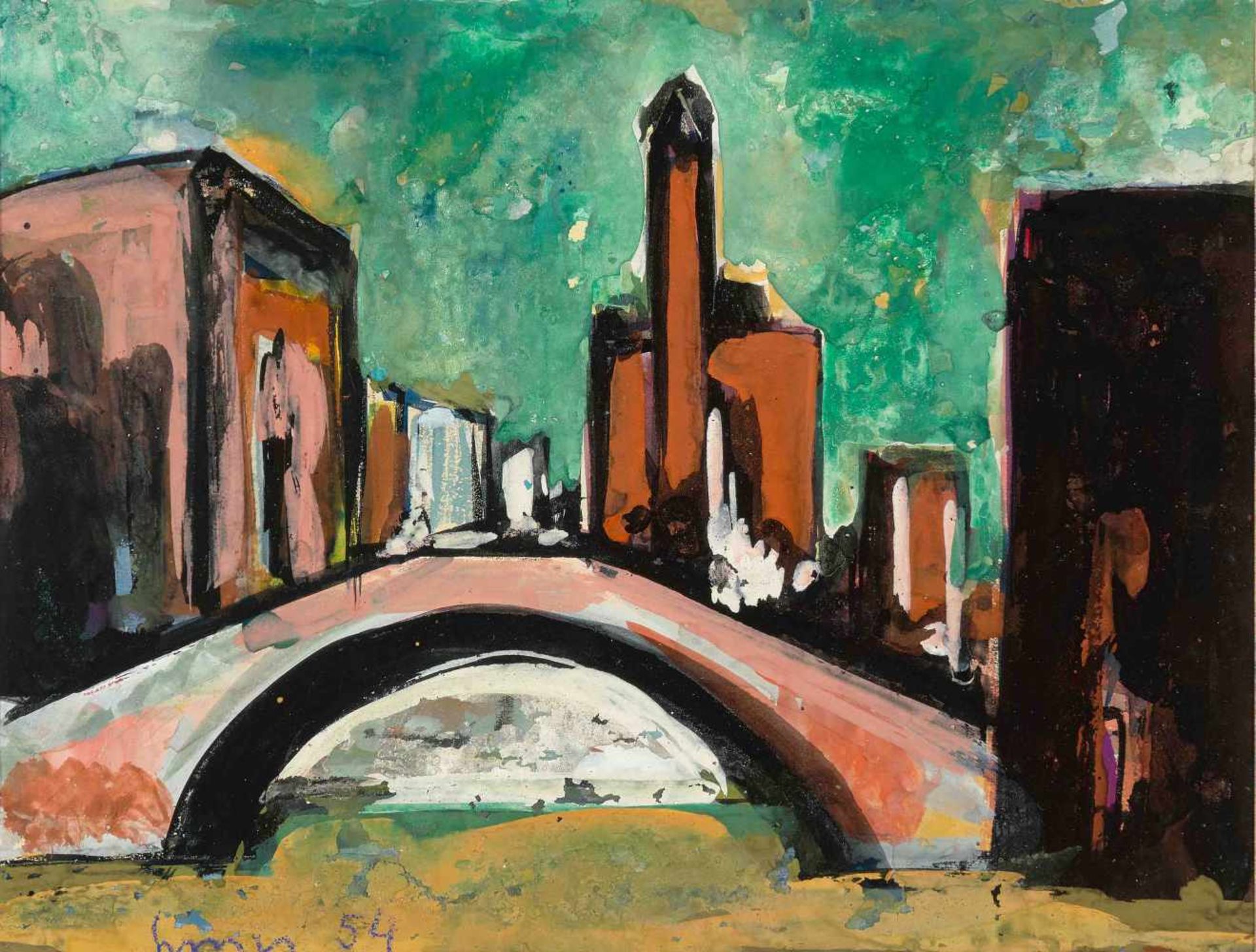 Liner, Carl Walter(St. Gallen 1914–1997 Appenzell)Stadt mit Brücke. 1954. Gouache auf Papier.