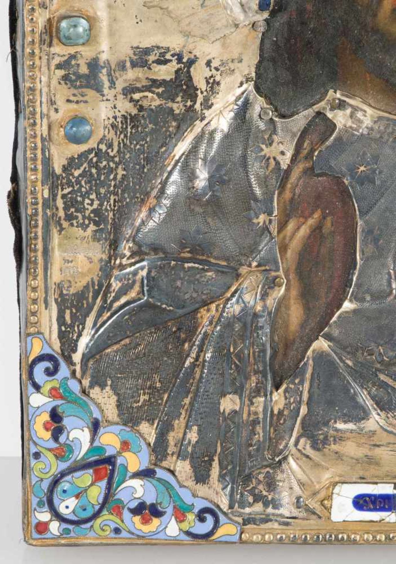 Christus Pantokrator mit vergoldetem SilberokladRussisch, 1.Hälfte 19.Jh., Oklad wohl assortiert. ( - Bild 5 aus 8