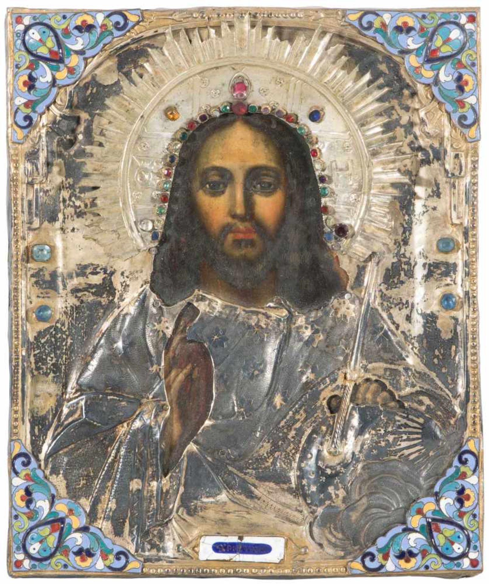 Christus Pantokrator mit vergoldetem SilberokladRussisch, 1.Hälfte 19.Jh., Oklad wohl assortiert. (