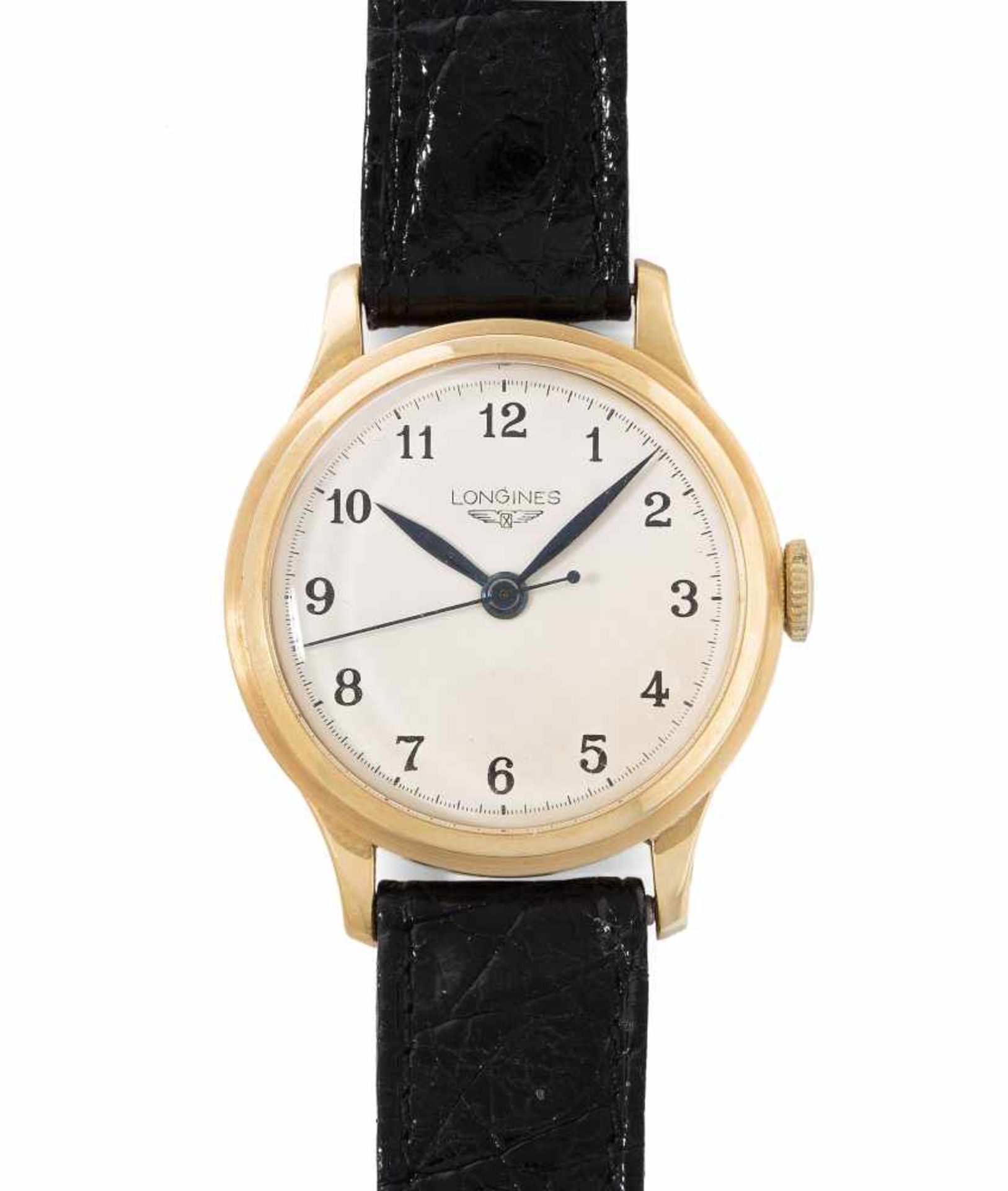 LonginesRunde, automatische Armbanduhr um 1940 in 750 Gelbgoldgehäuse ca. 15 g. Boden gedrückt,