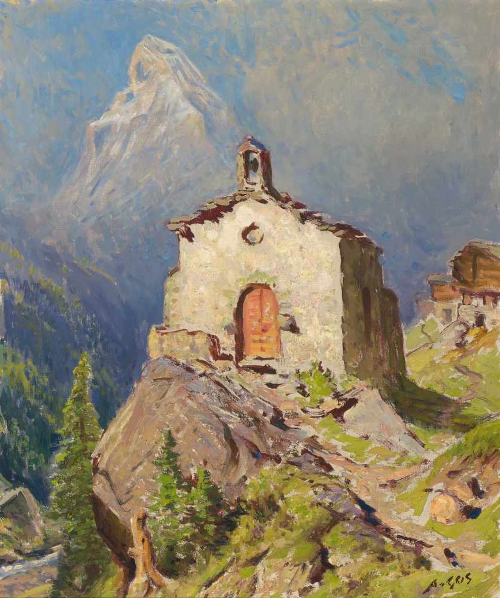 Gos, Albert (1852 Genf 1942)Kapelle bei Zermatt, mit dem Matterhorn im Hintergrund. Öl auf Leinwand.