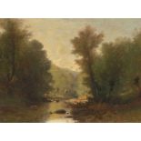 Castan, Gustave(Genf 1823–1892 Crozant)Baumbestandene Flusslandschaft. Öl auf Holz. Unten rechts