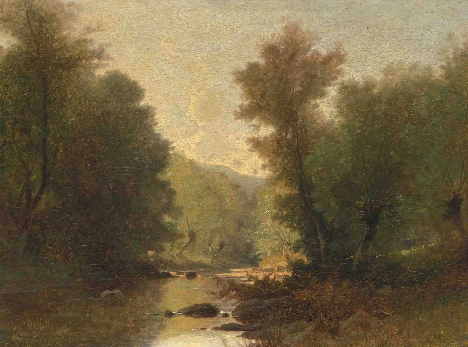 Castan, Gustave(Genf 1823–1892 Crozant)Baumbestandene Flusslandschaft. Öl auf Holz. Unten rechts