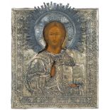 Christus Pantokrator mit vergoldetem SilberokladRussisch, 1.Hälfte 19.Jh. (1) Ikone. Tempera über
