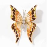 Email-Diamant-Brosche750 Gelb-/Weissgold. Grosser Schmetterling mit polychromem Email und 6