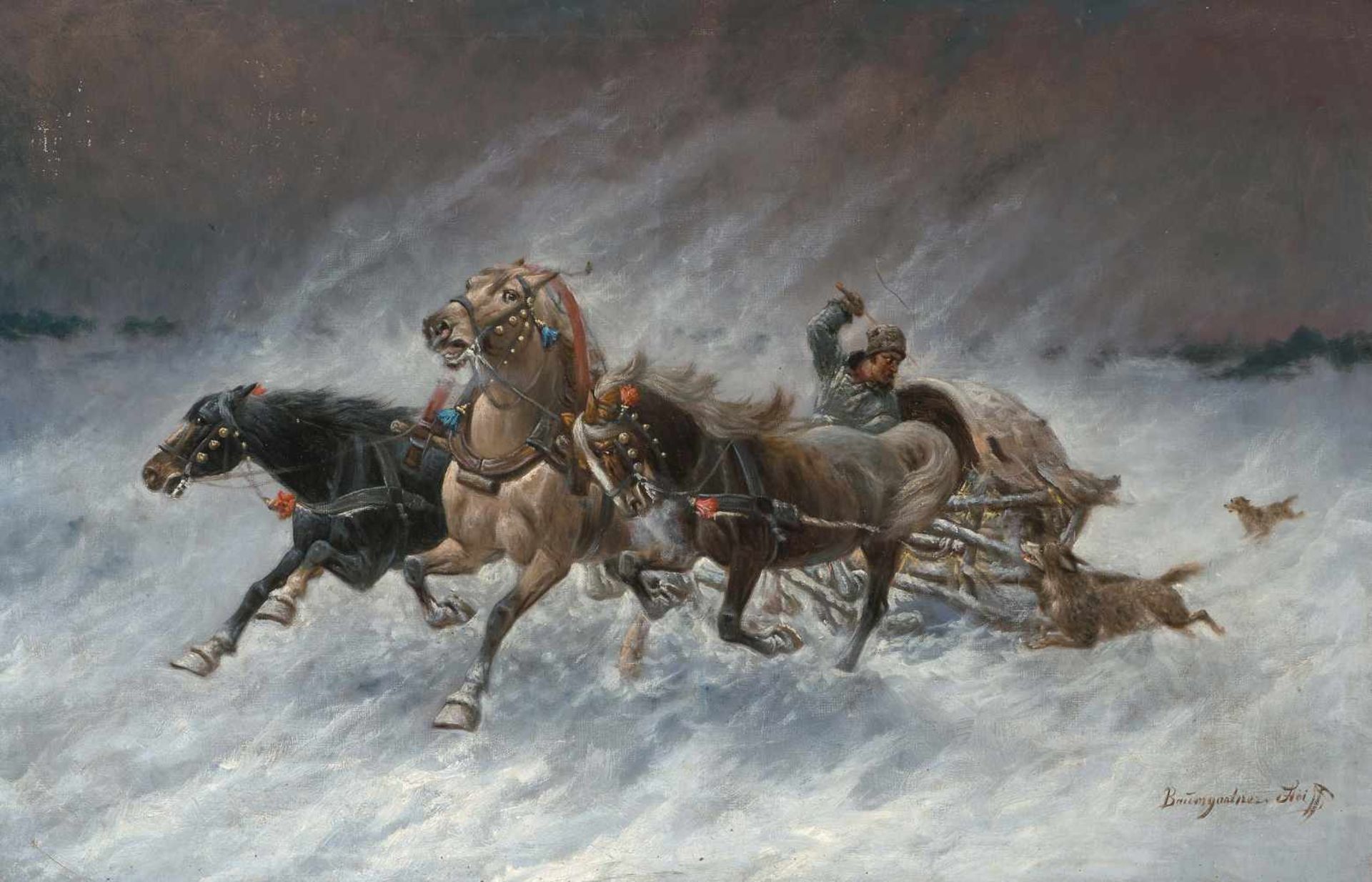 Baumgartner-Stoiloff, Adolf Constantin(Linz 1850–1924 Wien)Troika in einer Winterlandschaft. Öl