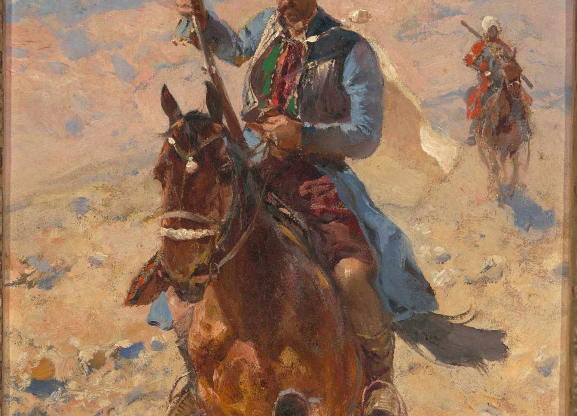 Roubaud, Franz(Odessa 1856–1928 München)Reiter im Kaukasus. Öl auf Pressholz. Unten rechts signiert. - Bild 5 aus 9