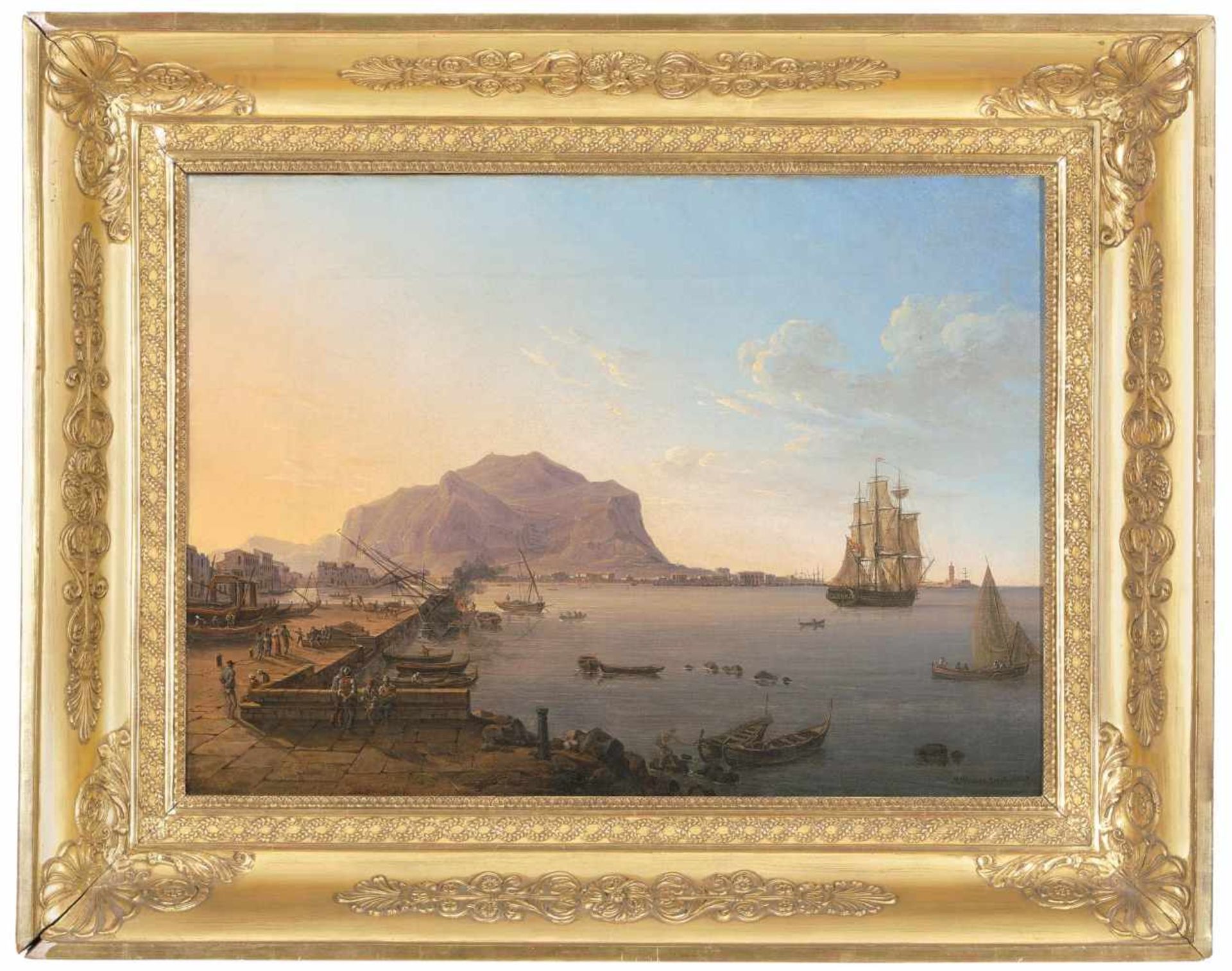 Huber, Jakob Wilhelm(Düsseldorf 1787–1871 Zürich)Der Hafen von Palermo, 1822. Öl auf Leinwand. Unten - Image 3 of 4