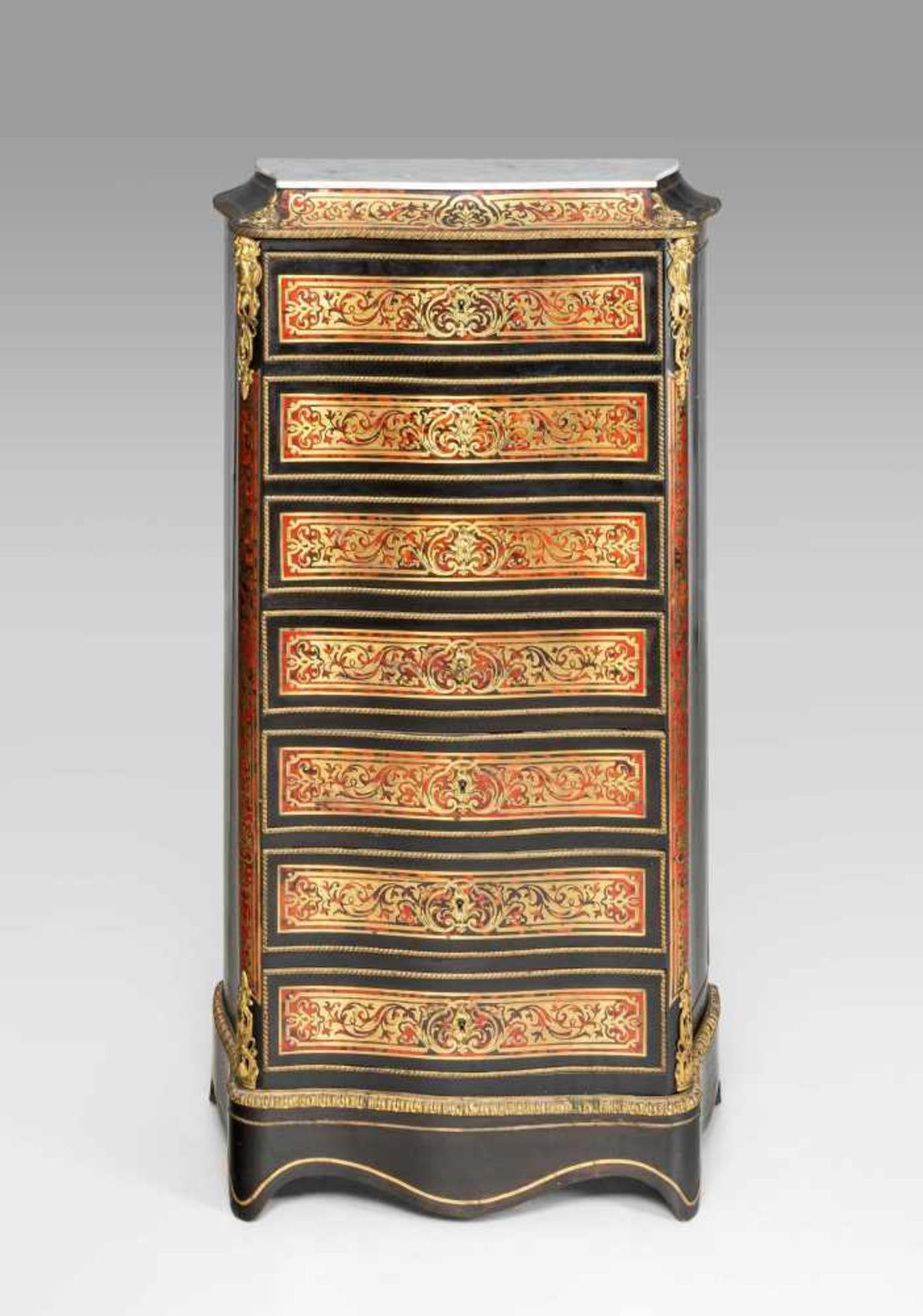 Kleiner SekretärNapoleon III ca. 1870/80. Ebonisiertes Holz, Messing, Schildpatt. Boulle-Technik.