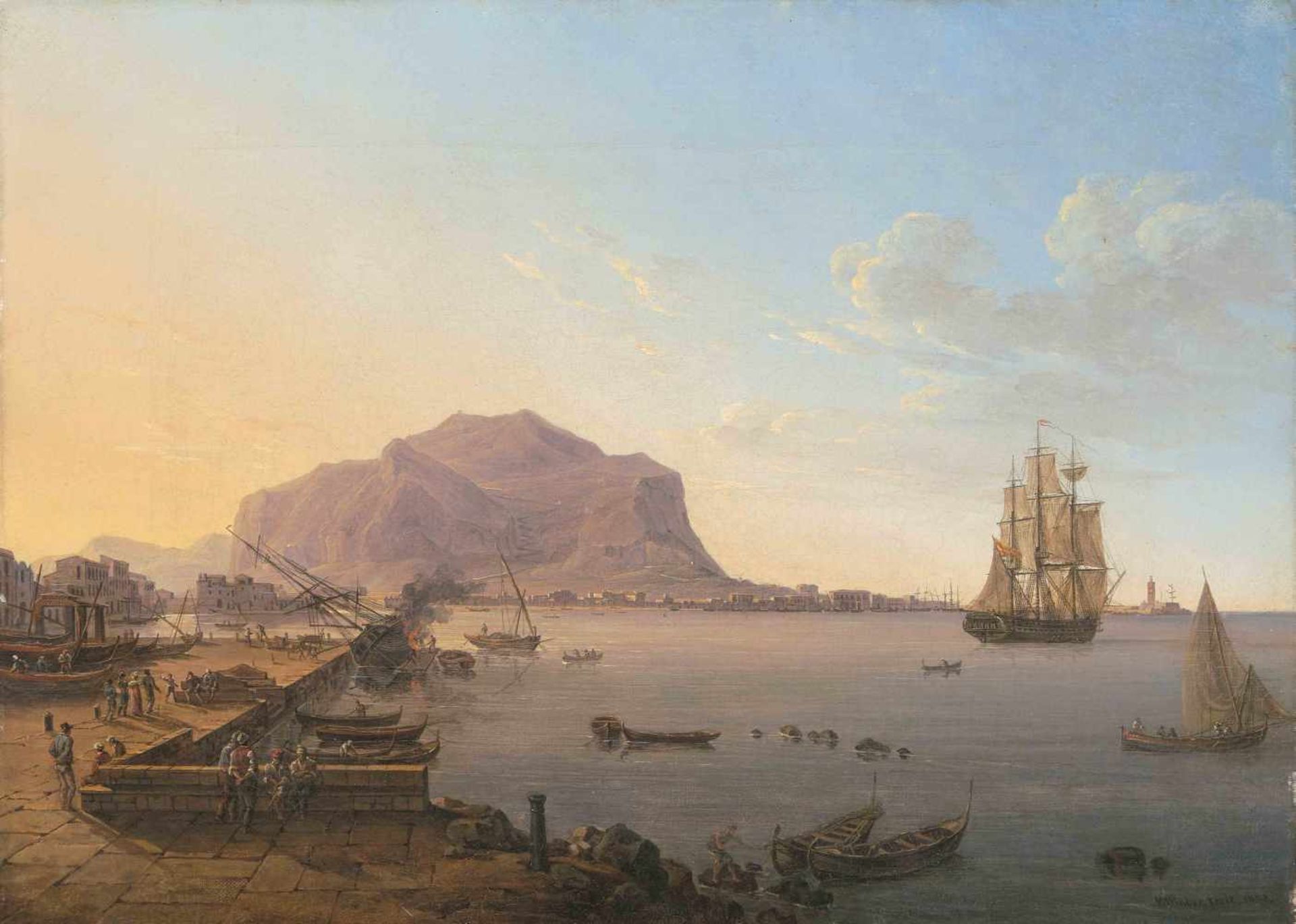 Huber, Jakob Wilhelm(Düsseldorf 1787–1871 Zürich)Der Hafen von Palermo, 1822. Öl auf Leinwand. Unten