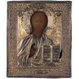 Christus Pantokrator mit SilberokladRussisch, 18./19.Jh. (1) Ikone, 18.Jh. Tempera über