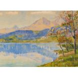 Christoffel, Anton(S-chanf 1871–1953 Zürich)Seeufer und Berglandschaft. Aquarell aur Papier. Unten