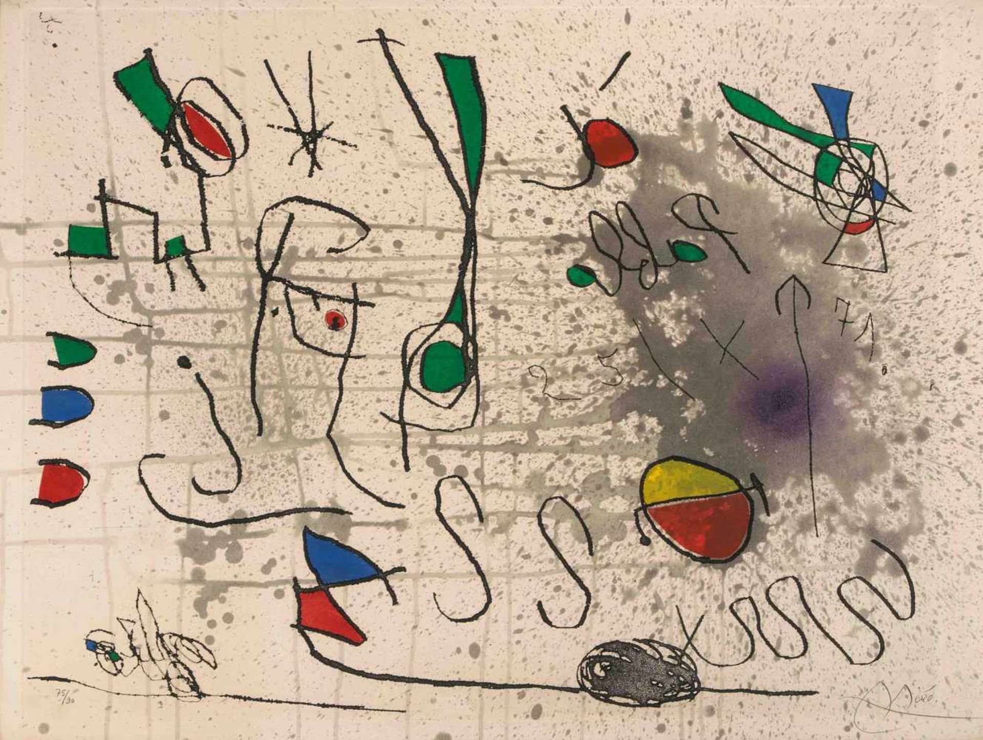 Miro, Joan(Barcelona 1893–1983 Mallorca)"Ehrung an Picasso". 1972. Farbaquatintaradierung. 75/90.