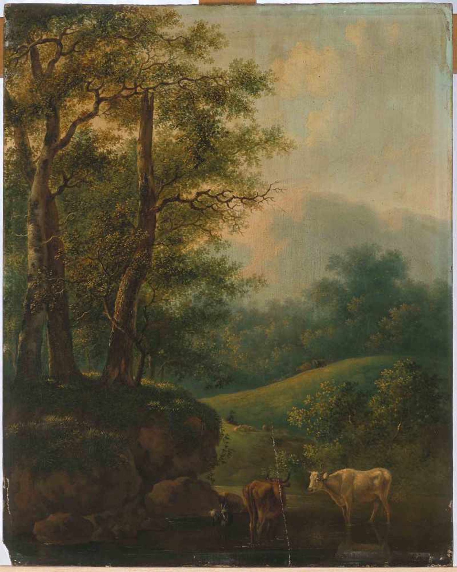 Anonym, 19.Jh.Baumbestandene Landschaft mit Kühen und Ziegen am Wasser. Öl auf Holz. Unten ev. Reste - Bild 2 aus 2