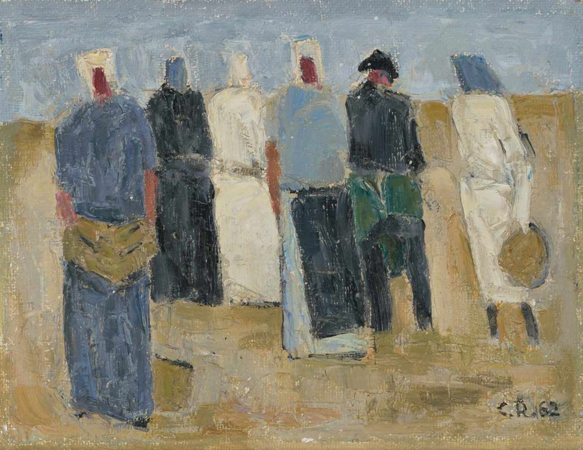 Roesch, Carl(1884 Diessenhofen 1979)"Feldarbeiter", 1962. Öl auf Hartfaserplatte. Unten rechts