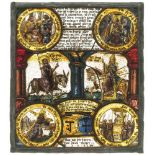 Glasscheibe "Papsttum und wahrer Glaube" Schweiz, datiert 1633. Glas geätzt und polychrom bemalt. In