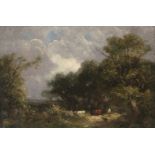 England, 19.Jh.Landschaft mit Kühen und Hirtenhund. Öl auf Leinwand. 40,2x61,5 cm.- Doubliert, neuer