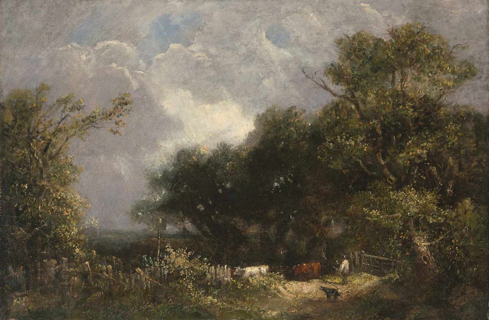 England, 19.Jh.Landschaft mit Kühen und Hirtenhund. Öl auf Leinwand. 40,2x61,5 cm.- Doubliert, neuer