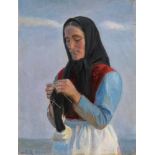 Ancher, Michael (Bornholm 1849–1927 Skagen)Strickende Frau am Strand. 1899. Öl auf Karton montiert