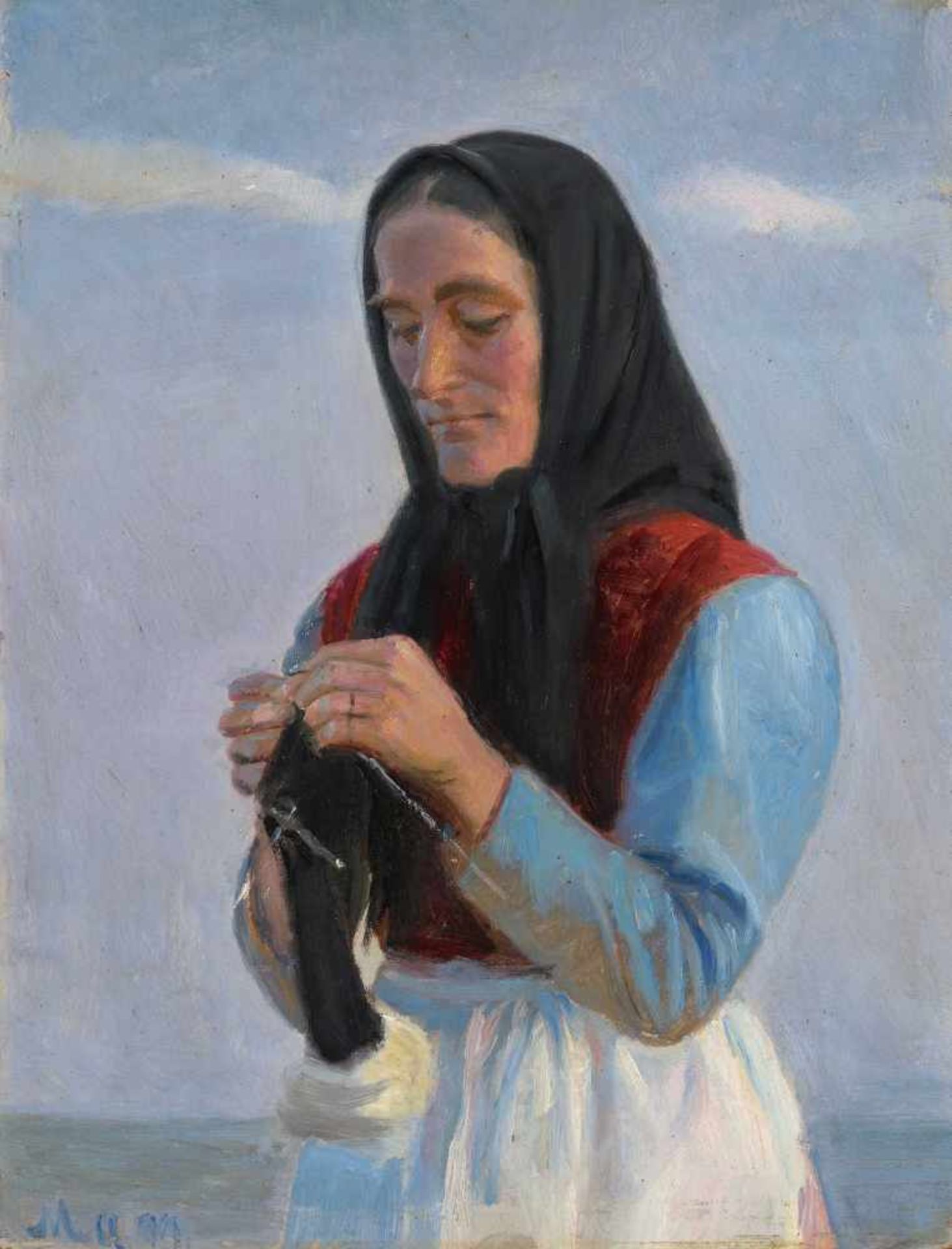 Ancher, Michael (Bornholm 1849–1927 Skagen)Strickende Frau am Strand. 1899. Öl auf Karton montiert