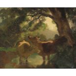 Koller, Rudolf (1828 Zürich 1905)Kühe im Wasser, unter einem Baum, 1857. Ölstudie auf Leinwand.