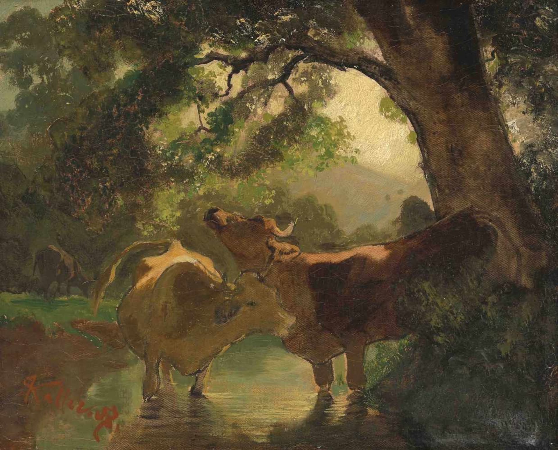 Koller, Rudolf (1828 Zürich 1905)Kühe im Wasser, unter einem Baum, 1857. Ölstudie auf Leinwand.