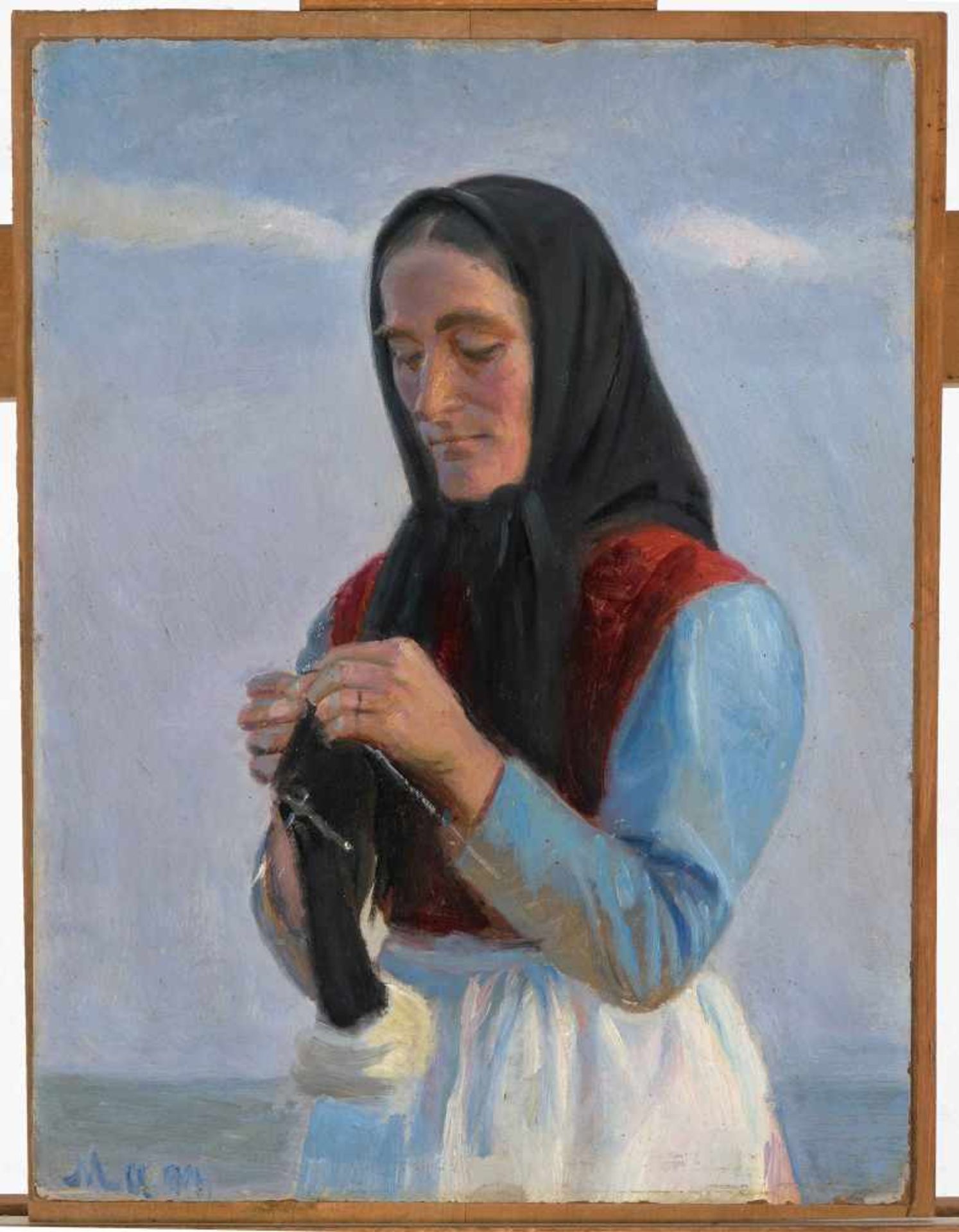 Ancher, Michael (Bornholm 1849–1927 Skagen)Strickende Frau am Strand. 1899. Öl auf Karton montiert - Bild 2 aus 4