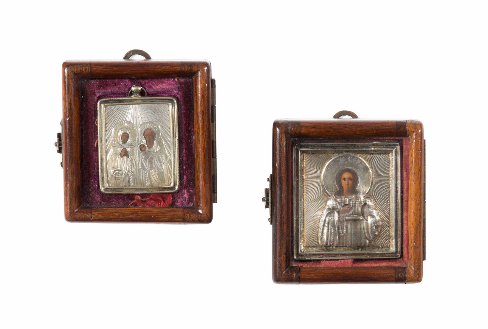Lot: 2 Miniatur-Ikonen mit Silberoklad in Kiyot