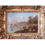 A 19th Century Oil on Canvas of a Lake scene. In an original plaster and timber gilt frame, 26 x
