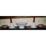 A pair of 19th Century Pottery Candlesticks along with other Items on the mantle.