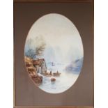 A 19th Century Watercolour of a lake scene with a mill by Edwin Earp. 45 x 54cm.