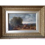A 19th Century Oil on Board of a country scene at harvest in a gilt frame.