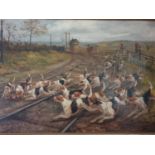 A 19th Century Oil on Canvas of hounds on a railway track signed Arthur Davis. 90 x 60 cm.