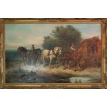 A very large Oil on Canvas of a team of horses by J. Melville signed LL.