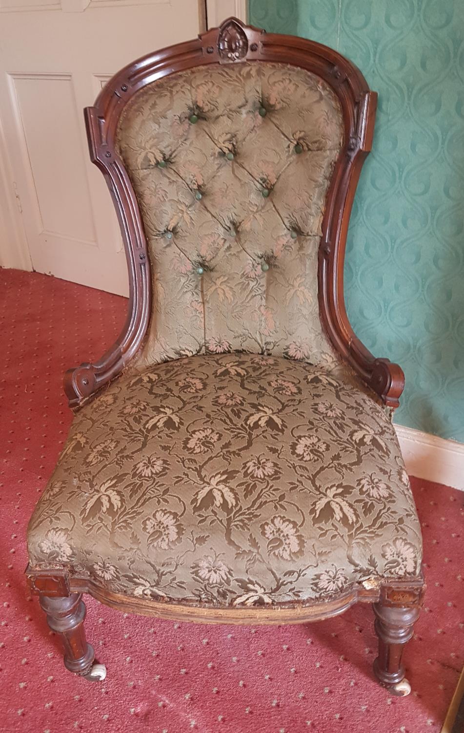 A lovely 19th Century Mahogany show frame Ladies Chair with deep buttoned back.