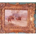 Att to Sanderson Wells a 19th Century Oil on Board of a Coach in full flight in an ornate gilt frame