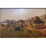 John Blake McDonald RSA. RSW. 1829-1901.An Oil on Panel of figures and sheep by lakeside thatched