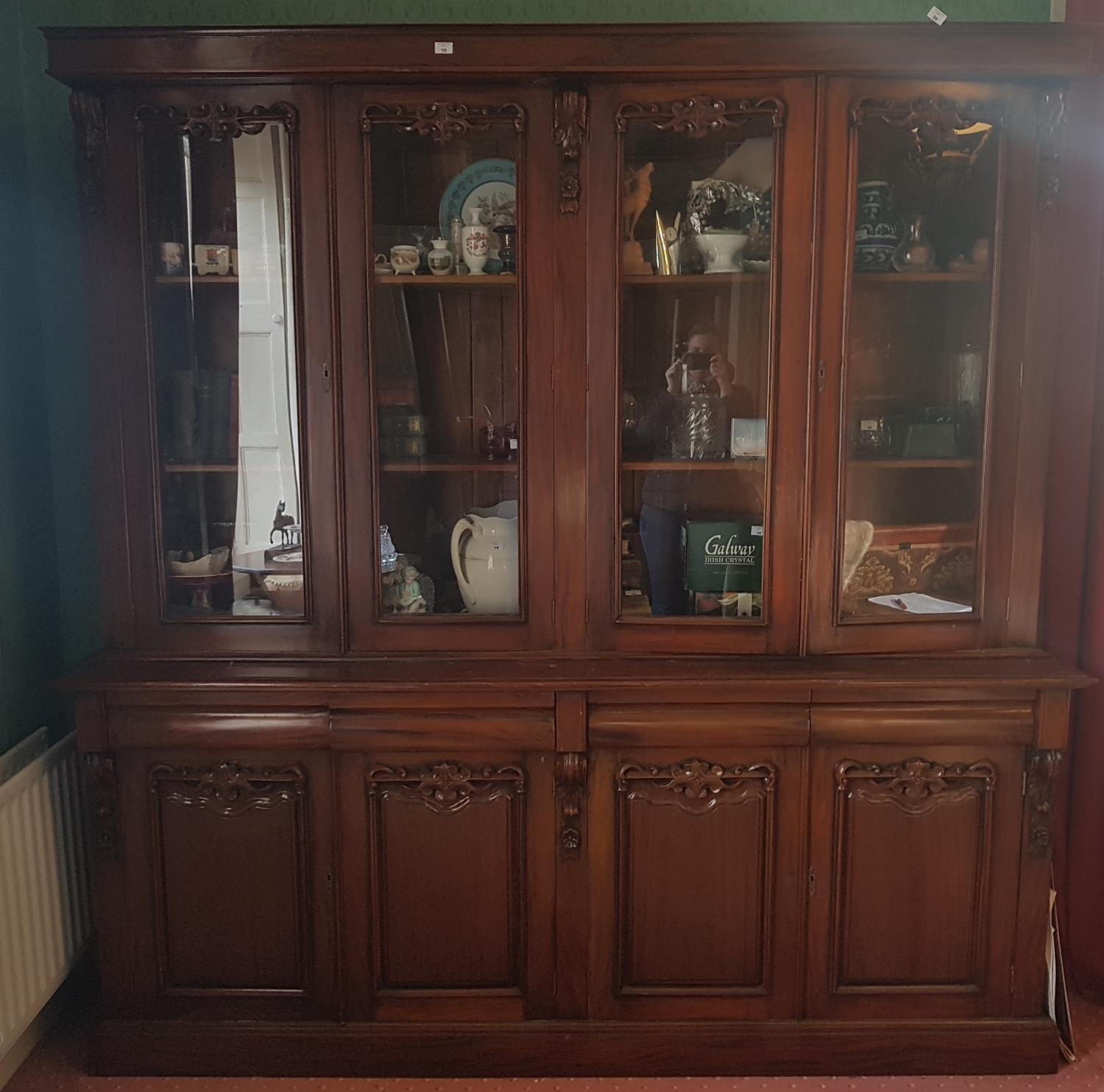 A very large Mahogany four door Bookcase with a glazed top and panelled door base. 212 L x 216 H x - Image 2 of 3