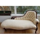 A good 19th Century Mahogany show frame Chaise Long with cream deep buttoned damask upholstery. L170