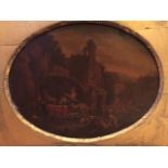 An oval Oil on Zinc Panel of an 18th Century Arcadian Landscape with Drovers, cattle, sheep and